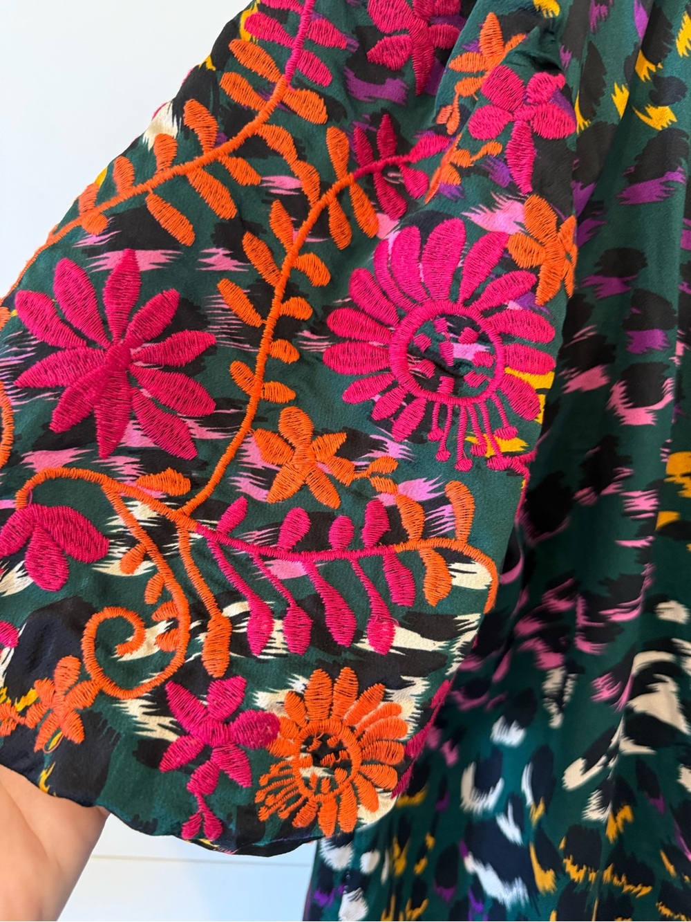 THML Hunter Green Print Mock Frill Neck Embroidered Sleeve Top - Picture 6 of 12